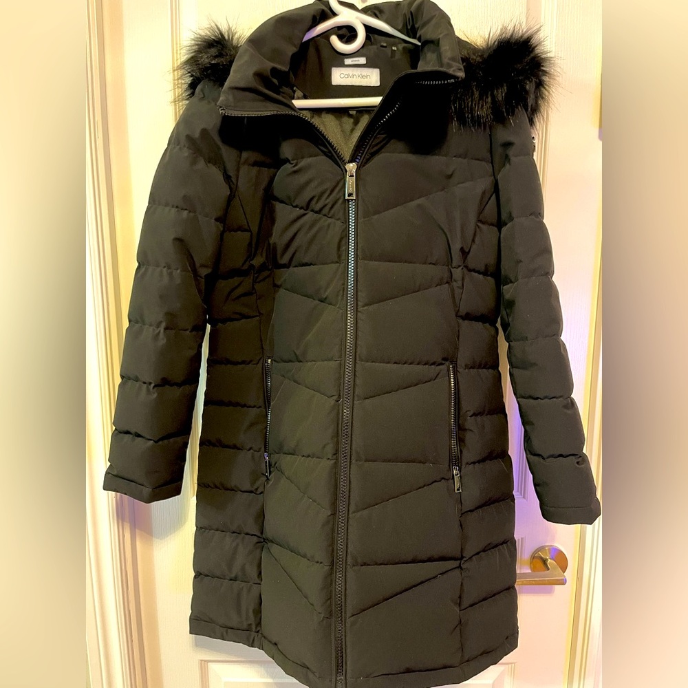 Calvin Klein Black Puffer Long Winter Jacket Coat Faux Fur Hood size Large